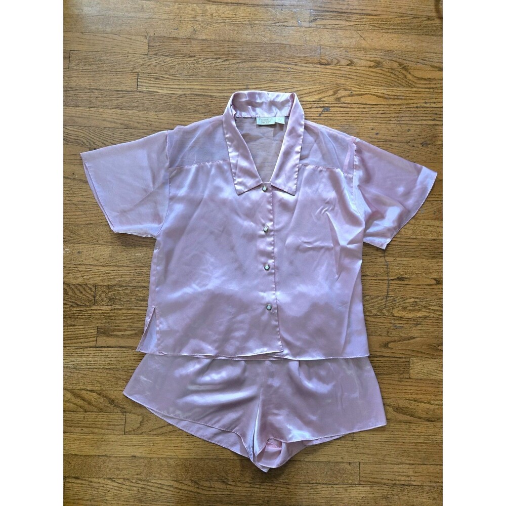Vtg Victoria Secret Gold Label Pink Satin Shorts Pajama Set Size Medium 90's